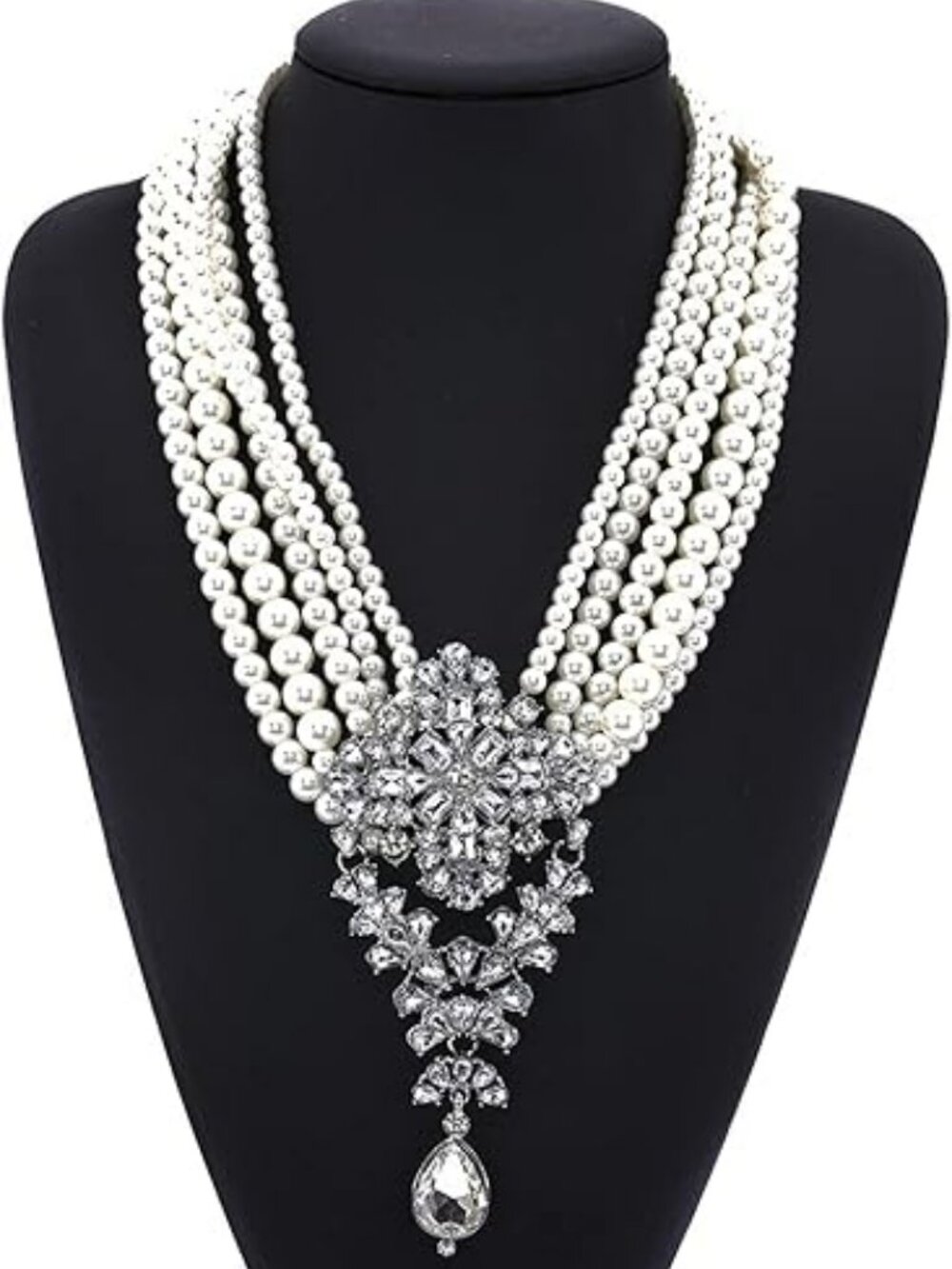 Long‎ Layered Pearl Necklace Bold Statement Piece Antique Look Wedding